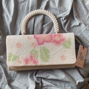 Sincerly Jules Pearl Floral Clutch - White, Pink, and Green